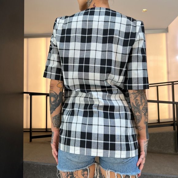 VINTAGE/Women's Long Boxy Short Sleeve Fitted Blazer Plaid Pattern sz 12 - Picture 13 of 16